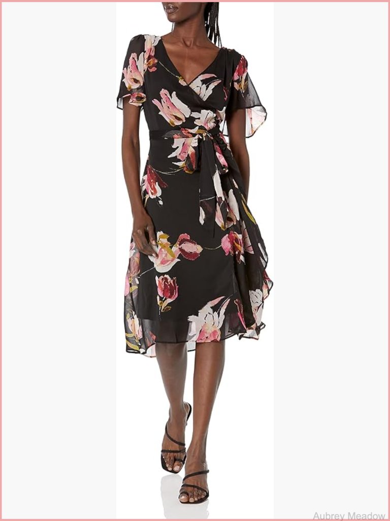 Flutter Sleeve Side Ruched Faux Wrap Midi Dress V-Neck Zipper Office Casual